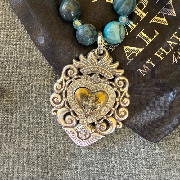 Brighton Blue Stone  Beaded Necklace With Sacred Heart Pendant With Rhinestones - Picture 2 of 5